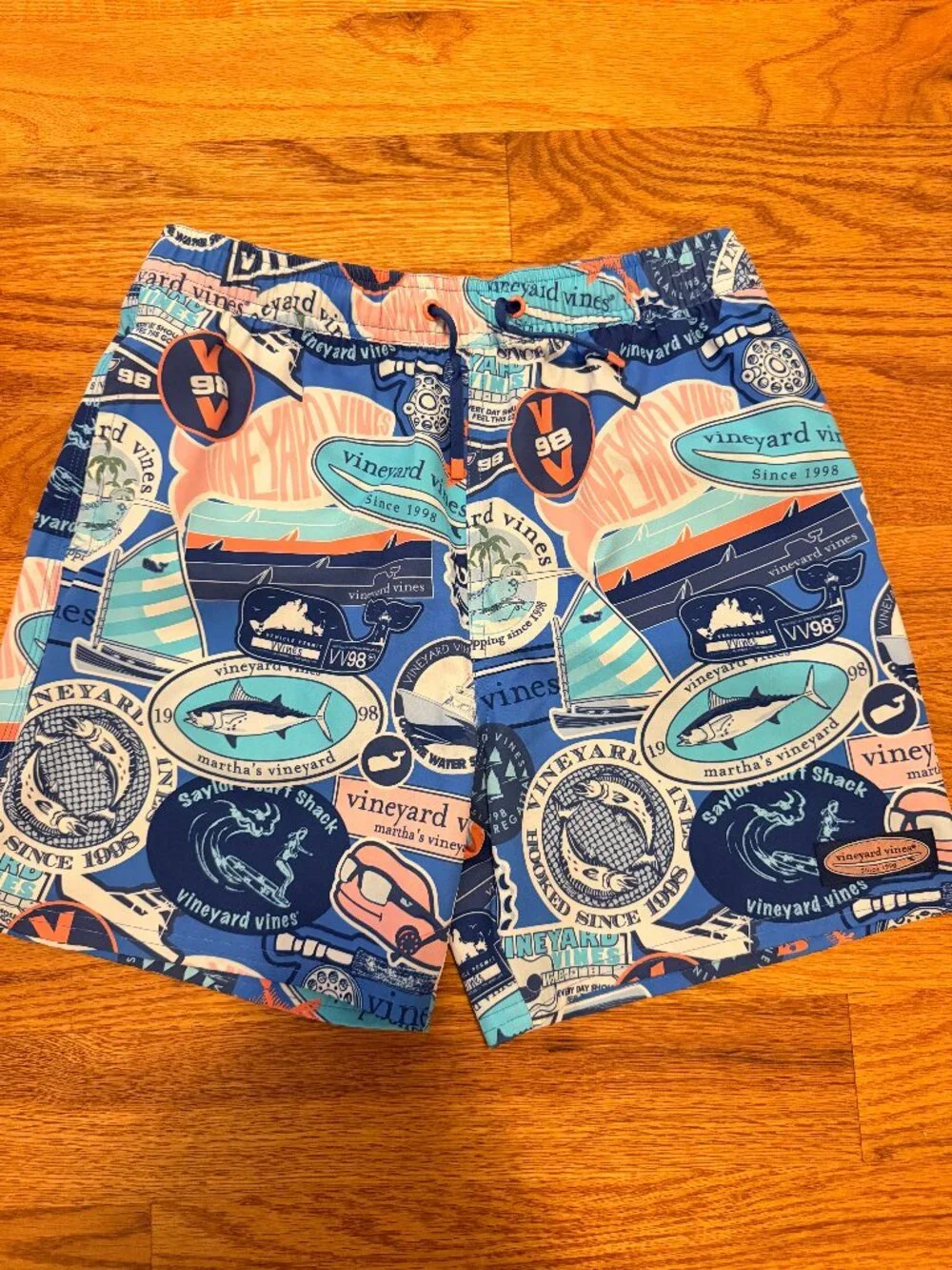 Vineyard Vines Boys L 14/16 Chappy Swim Trunks Blue vintage logo EUC